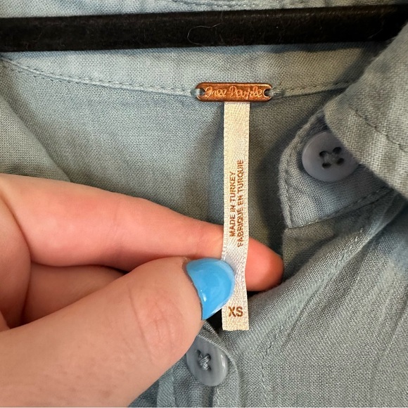 Free People | Dusty Blue Button Front 100% Cotton Bohemian Shirt Size XS - Picture 3 of 6